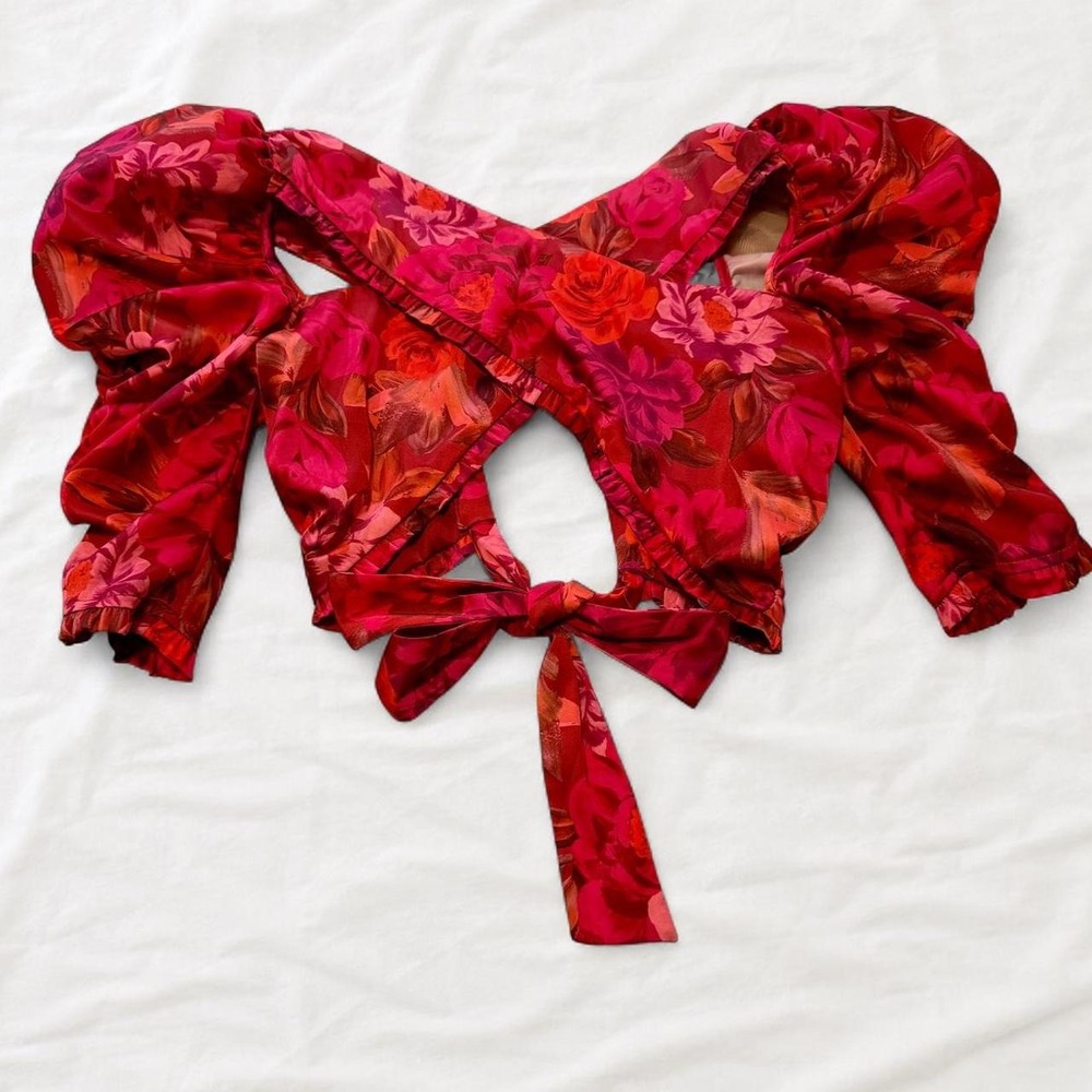 For Love & Lemons Floral Cropped Blouse Red Pink Puff Sleeve XS